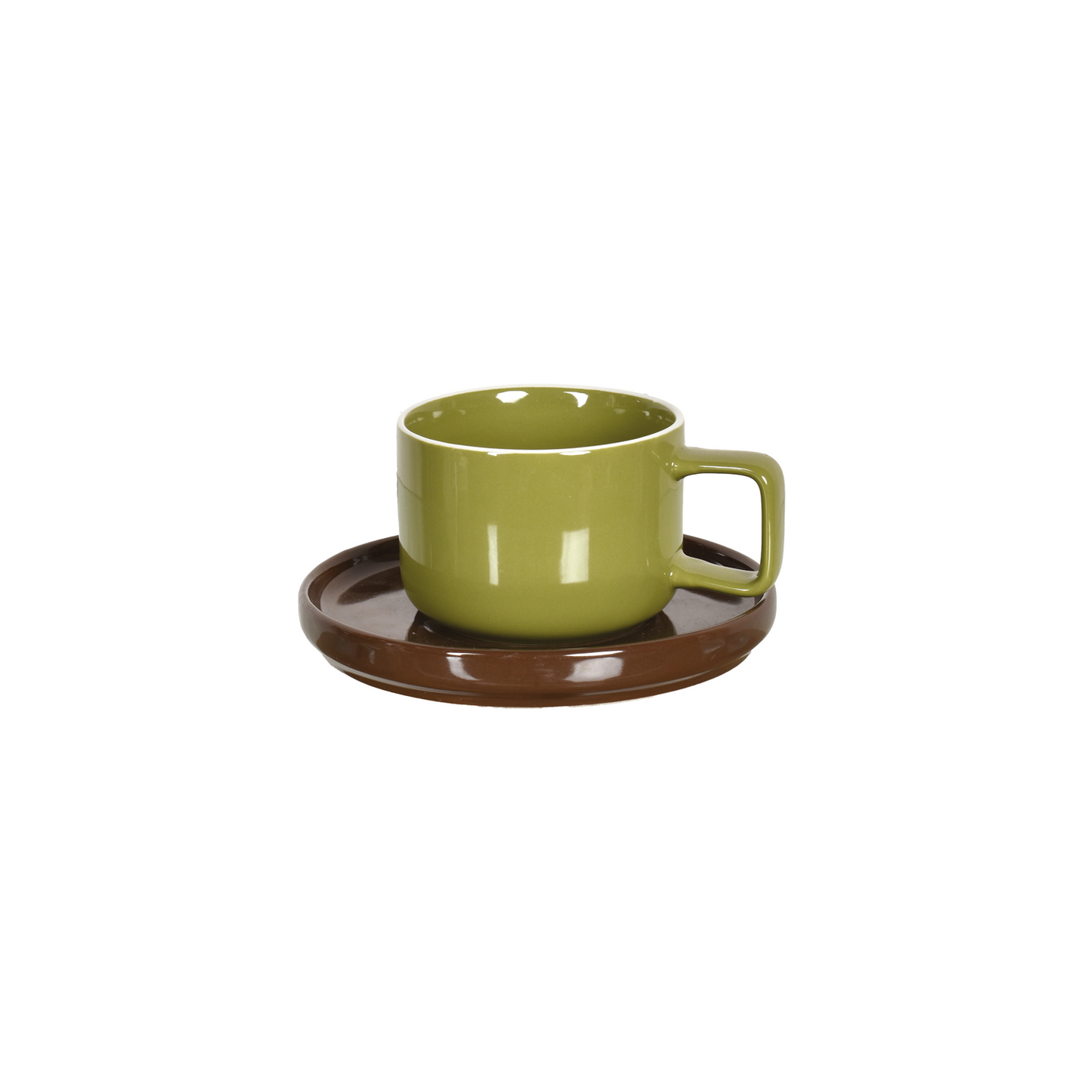 Khaki chic kopje met bijpassend bruin schoteltje D12 H7,5 cm