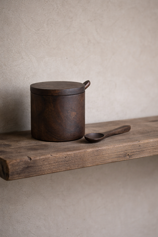 Houten voorraadpot met lepel